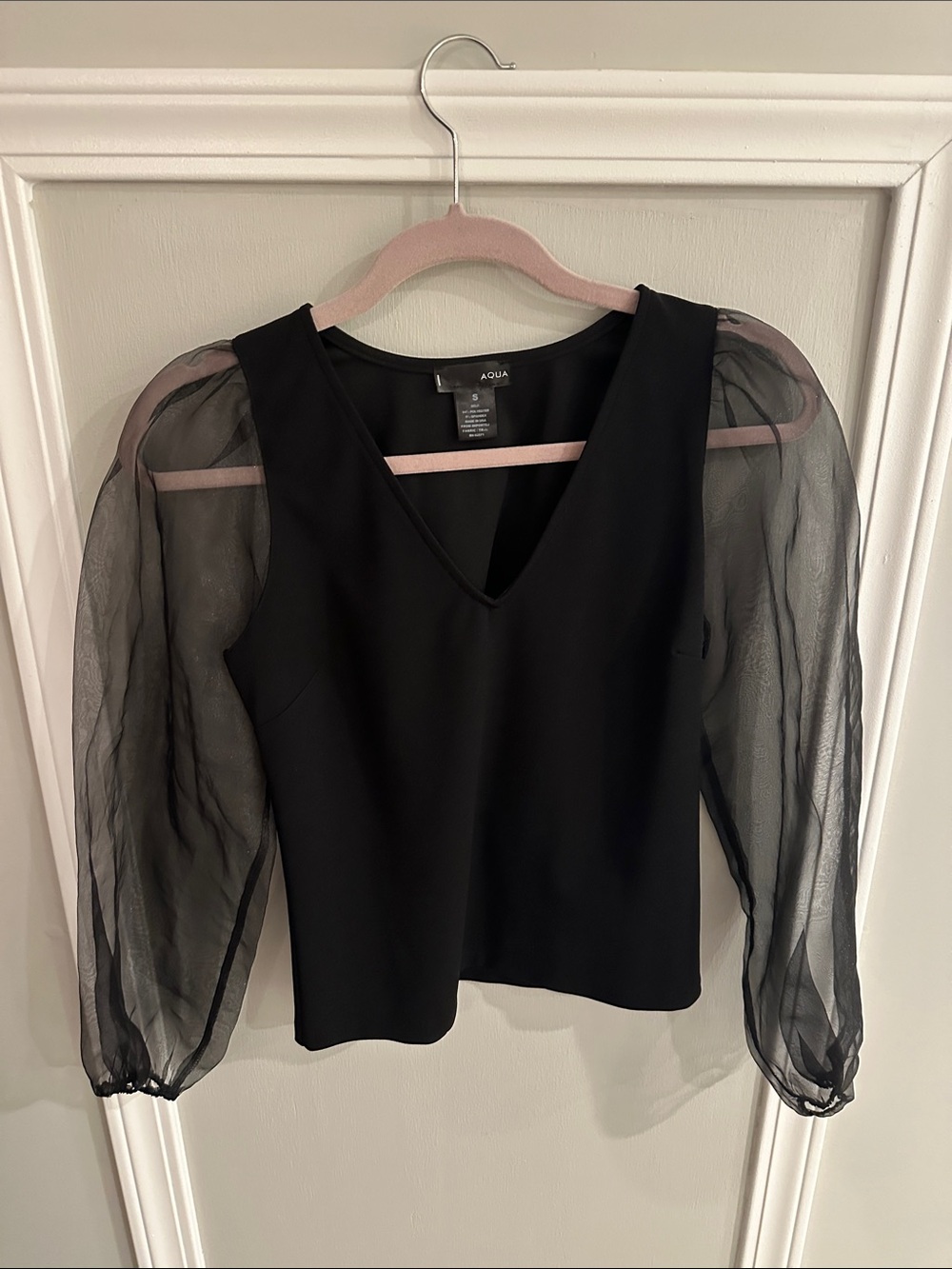 Aqua Black V-Neck Top with Sheer Puff Sleeves
